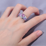 Sterling Silver Pink Fire Hearted Opal Stone Rings with Pink Zircon for Women