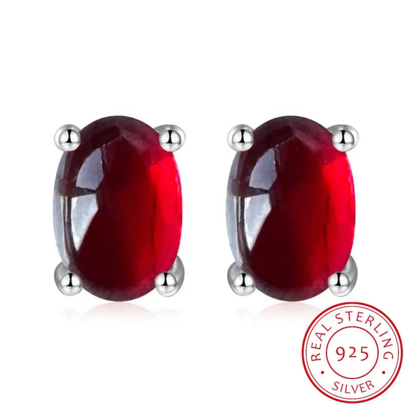 Oval Cut Red Genuine Natural Garnet Ruby 925 Sterling Silver Stud Earring