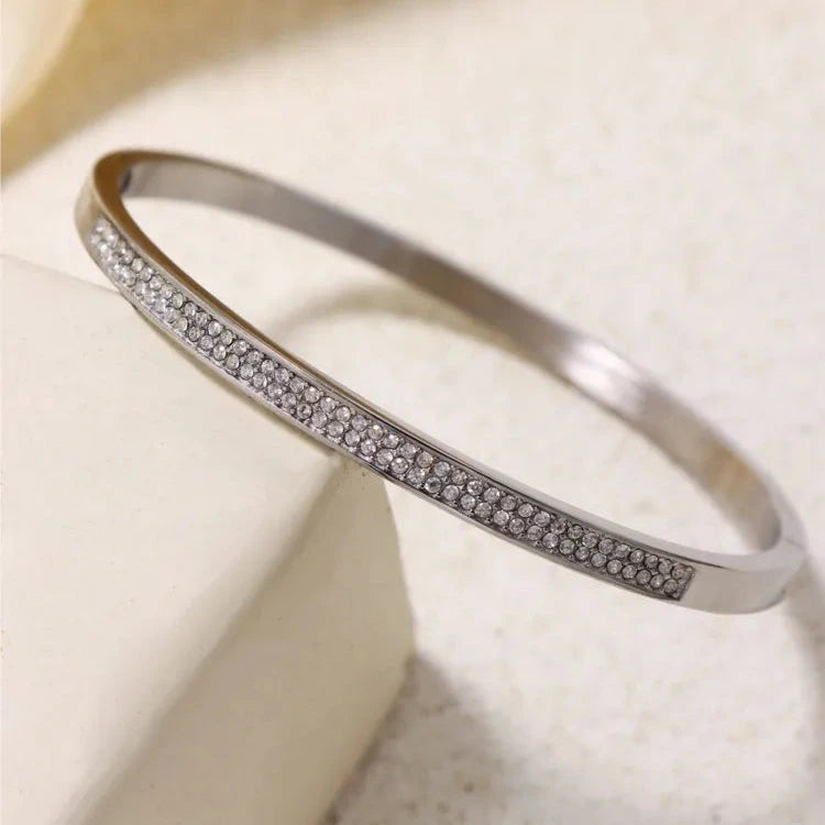 Shiny Zircon 18K Gold Plated Stainless Steel Bangle for Women