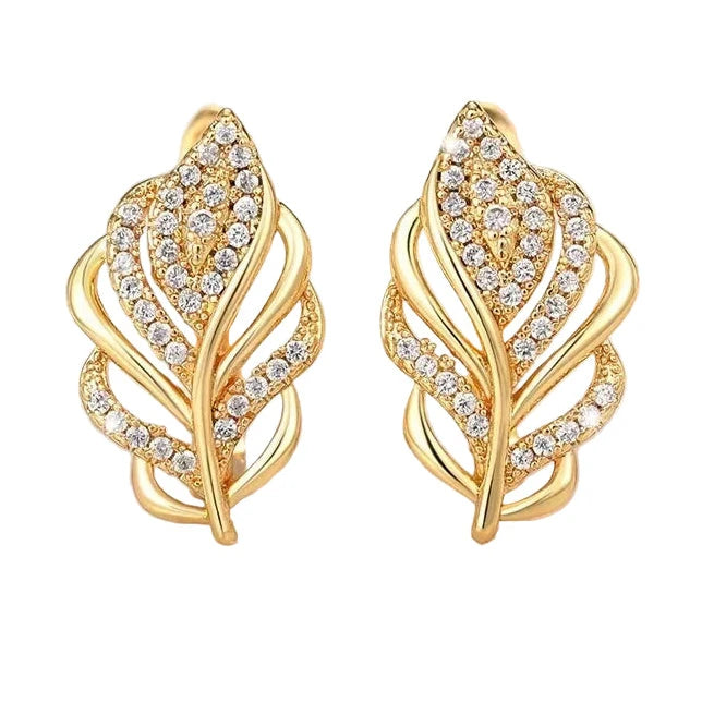 Leaf Shaped Hoop Gold Cubic Zircon Earrings for Women