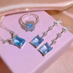 Aquamarine Three-Piece Ring Pendant Necklace Tassel Stud Earrings for Women