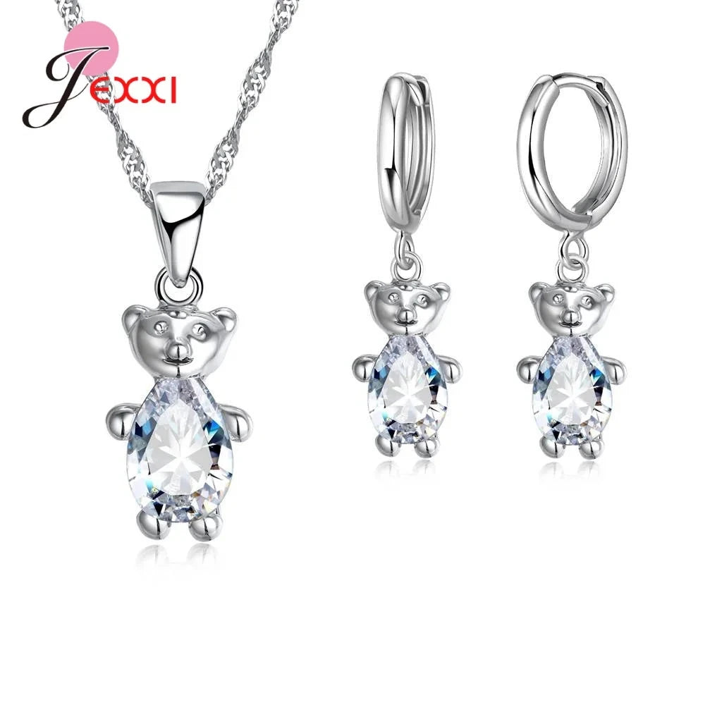 Trendy 925 Silver Color Jewelry Sets Cubic Zirconia Pendants Necklaces Charm Hoop Earrings Wedding Anniversary Gift For Women