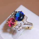 Elegant 925 Stamp Ring Sapphire Ruby Flower Plant