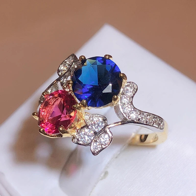 Elegant 925 Stamp Ring Sapphire Ruby Flower Plant