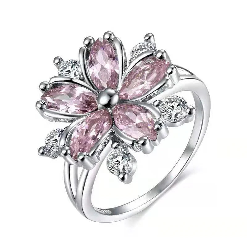 Elegant Silver Color Inlaid Garnet Red Zircon Flower Shape Ladies Banquet RingAJZ3039Pink9