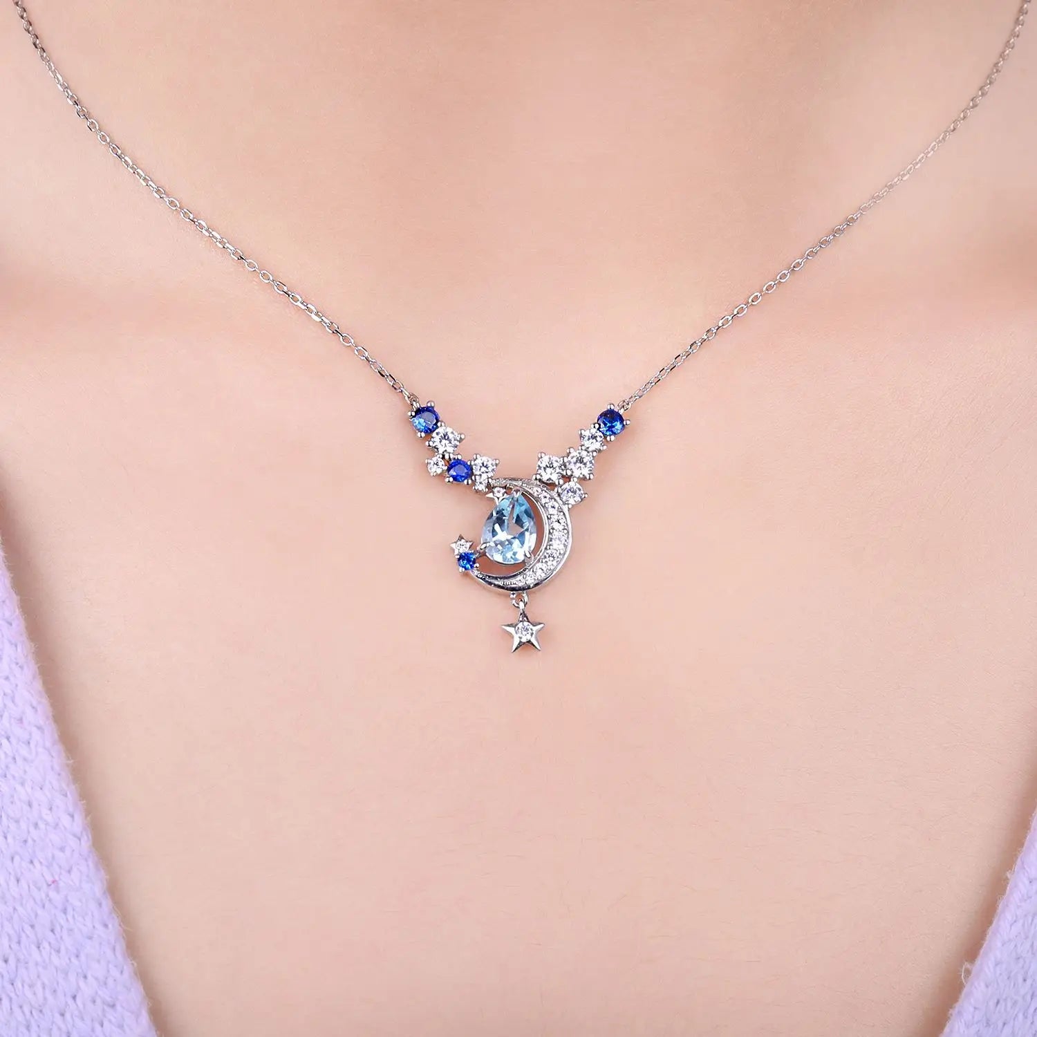 New Moon Star 4.5ct Genuine Sky Blue Topaz Created Sapphire 925 Sterling Silver Pendant Necklace for Woman 45cm