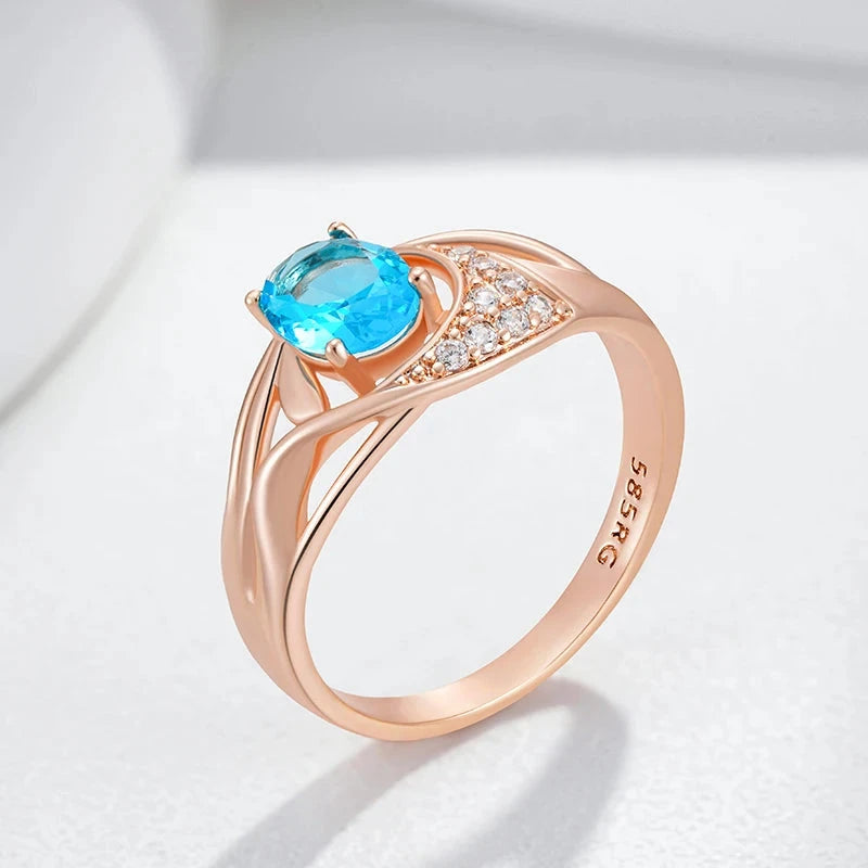 Blue Zircon Drop Ring – 585 Rose Gold for Women