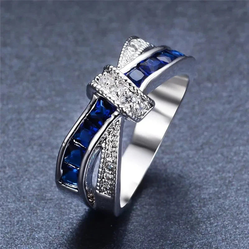 Silver Cross Plated Crystal Wedding Ring for Women8Blue