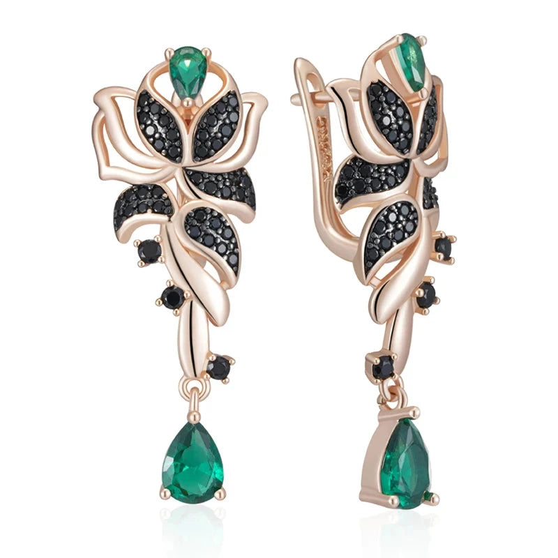 585 Rose & Black Gold Green Zircon Flower Earrings for WomenH2503