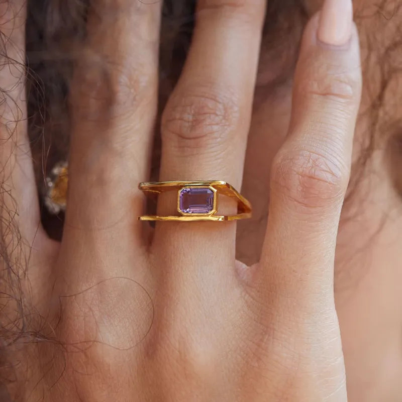Geometric Natural Amethyst Silver Gold Plated Ring