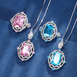 Retro Hollow Design Square Pink Crystal Pendant Necklace Aquamarine Stone