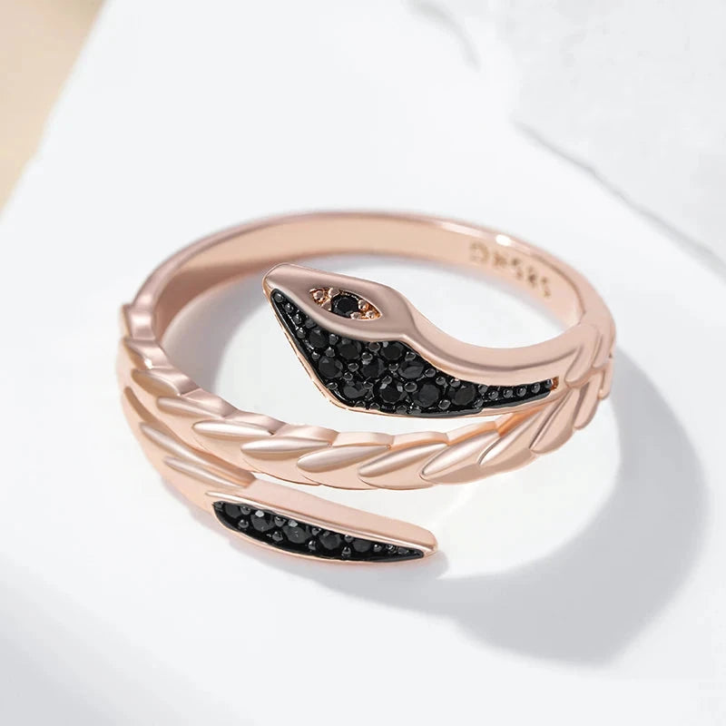 Punk Black Zircon Snake Ring – 585 Rose Gold Vintage Jewelry