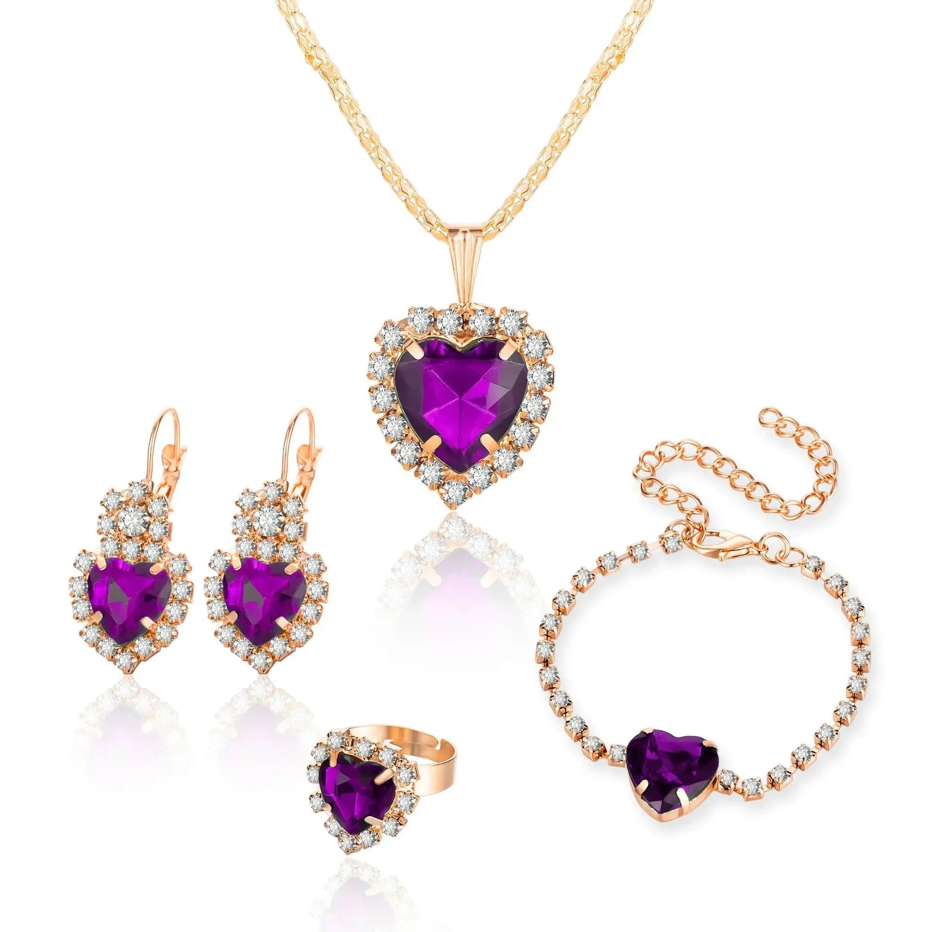 Blue Crystal Ring Necklace Earrings Set Wedding Jewelry SetsPurple Heart