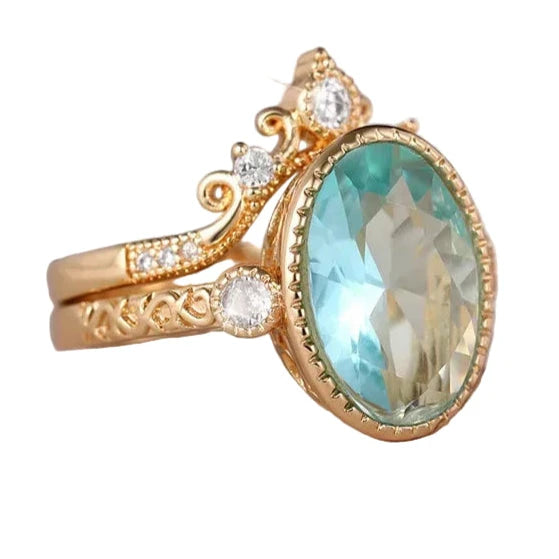 Two-Piece Sky Blue Oval Ring Set for Women