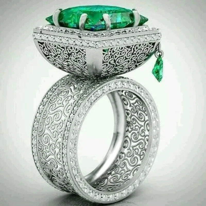 Square Green CZ Hollow Pattern Ring for WomenT00827