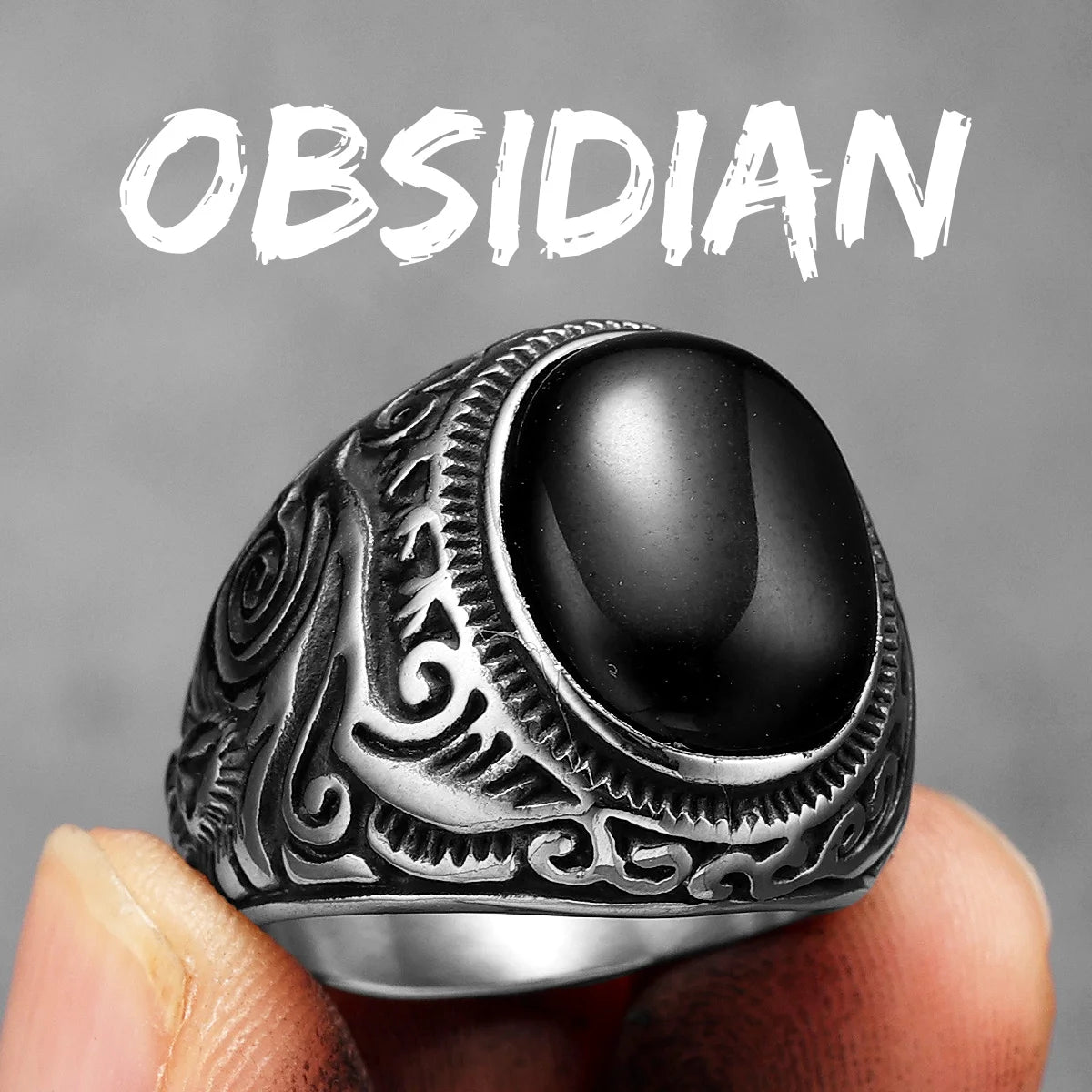 Turquoise Carved Men Rings Stainless Steel Vintage LookR1214-Obsidian7
