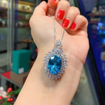 Vintage 13*18MM Sapphire Aquamarine Lab Diamond Pendant Necklace for Women Gemstone Party Fine Jewelry Statement Gift WholesaleSea blue45cm