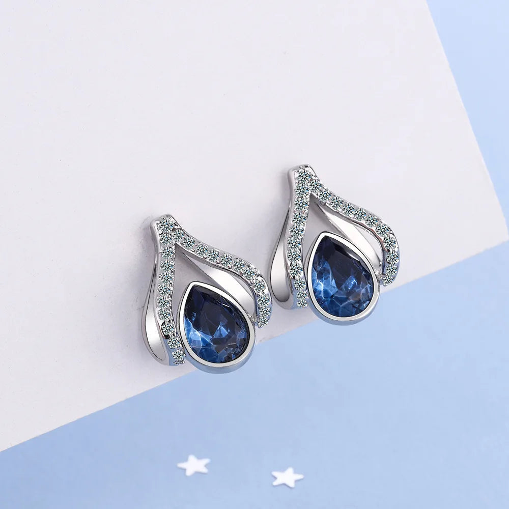 925 Silver Needle Japanese Water Drop Sapphire Flower Earrings