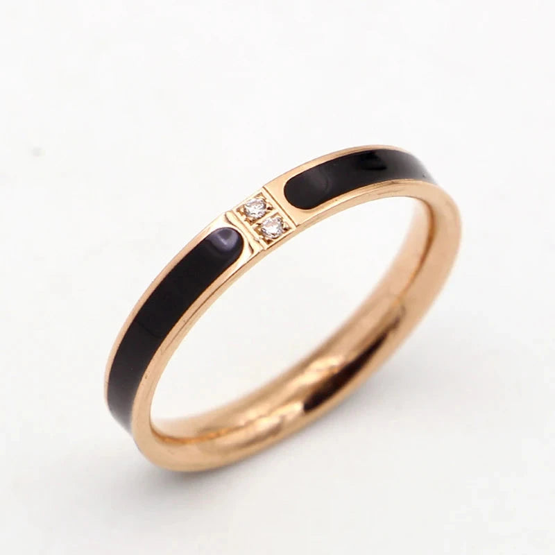 Luxury Rose Gold Ring – Enamel & Crystal, 3 SizesTwo stone9