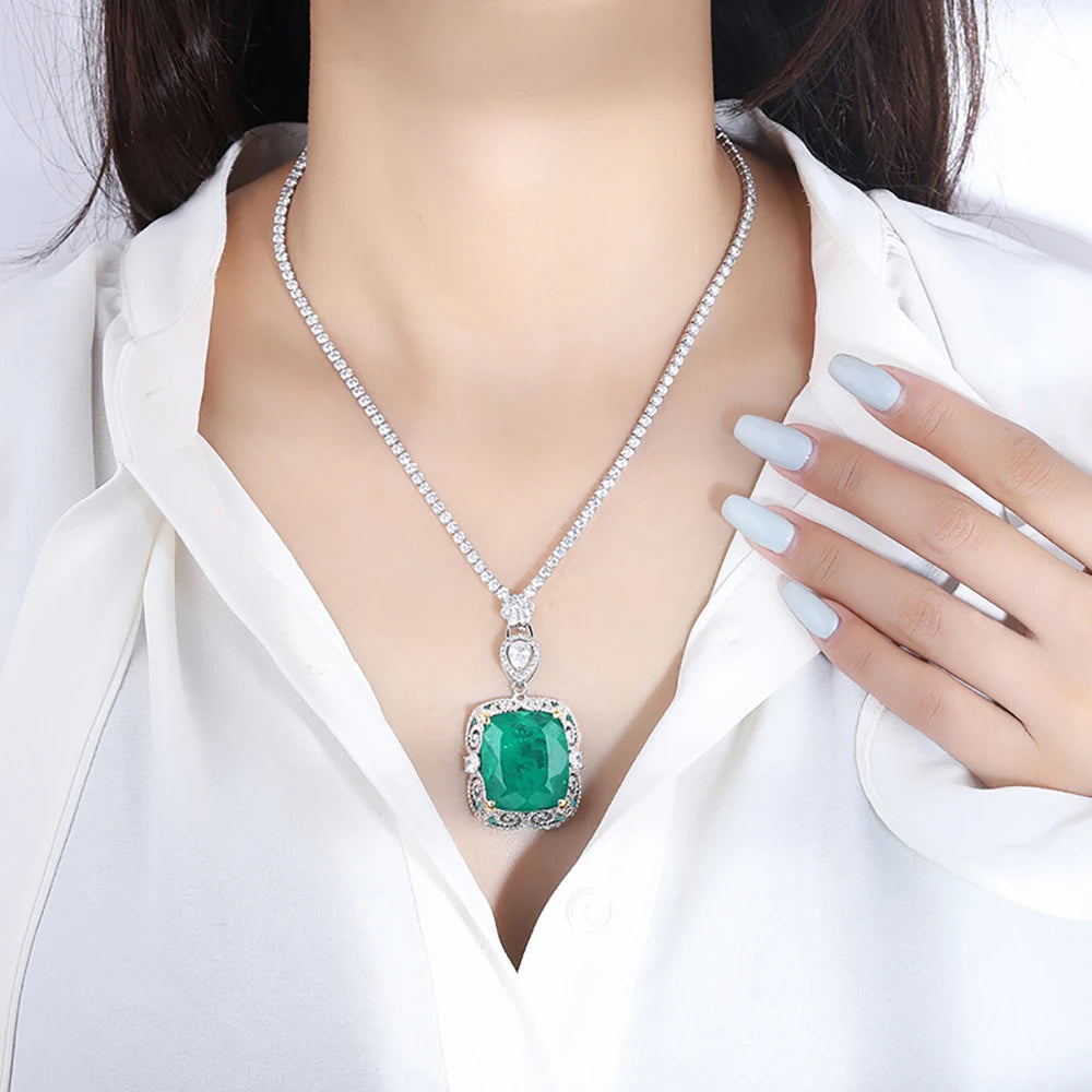 Luxury Vintage 20*23mm Emerald Pendant Tennis Chain Necklace