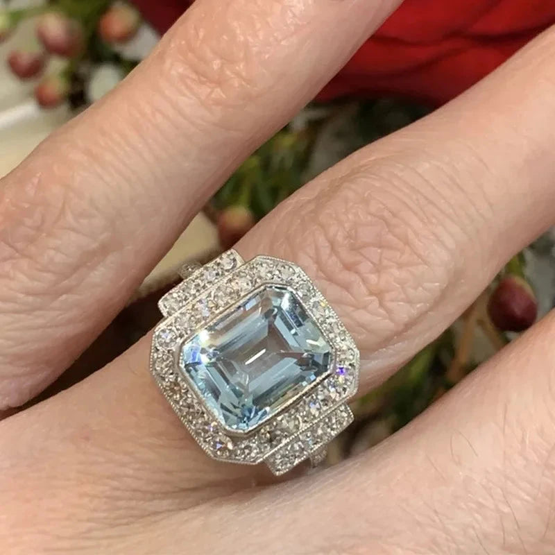 Luxury 925 Silver Square Sea Blue Zircon Ring