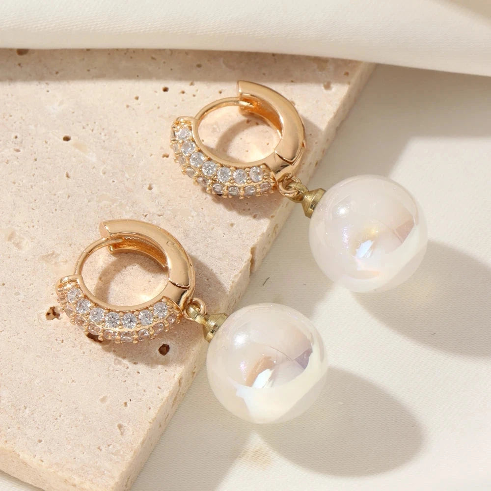 Golden Pearl Dangle & Zircon Drop Earrings for WomenWhiteCHINA