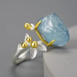 Lotus 18K Gold Natural Aquamarine Gemstone Flower Adjustable Rings