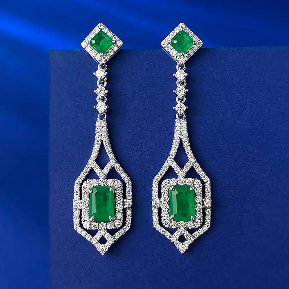 Retro 100% 925 Sterling Silver 5*7mm 1ct Emerald Lab Diamond Drop Earringsgreen
