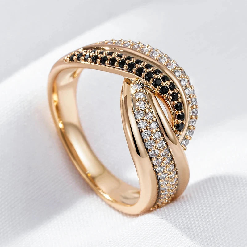 Luxury 585 Rose Gold Ring with Black & White ZirconZ063610