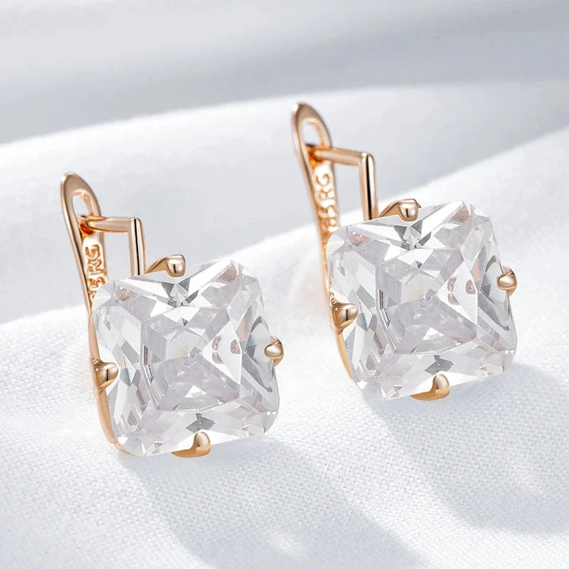 Shiny White Big Square Zircon Rose Gold Earrings for Women