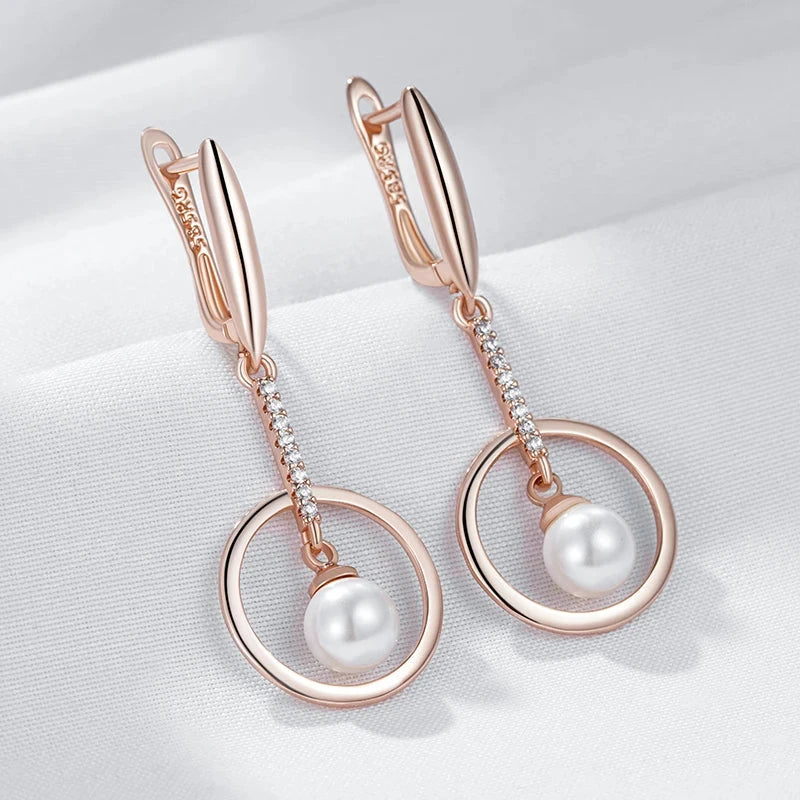 Geometry Rose Gold Pearl & Zircon Dangle Earrings for Women