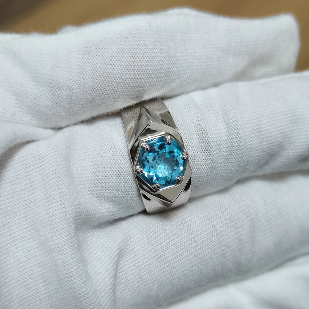 Men's Real Blue Topaz Ring 925 Silver 7.5mm Lucky Gemstone