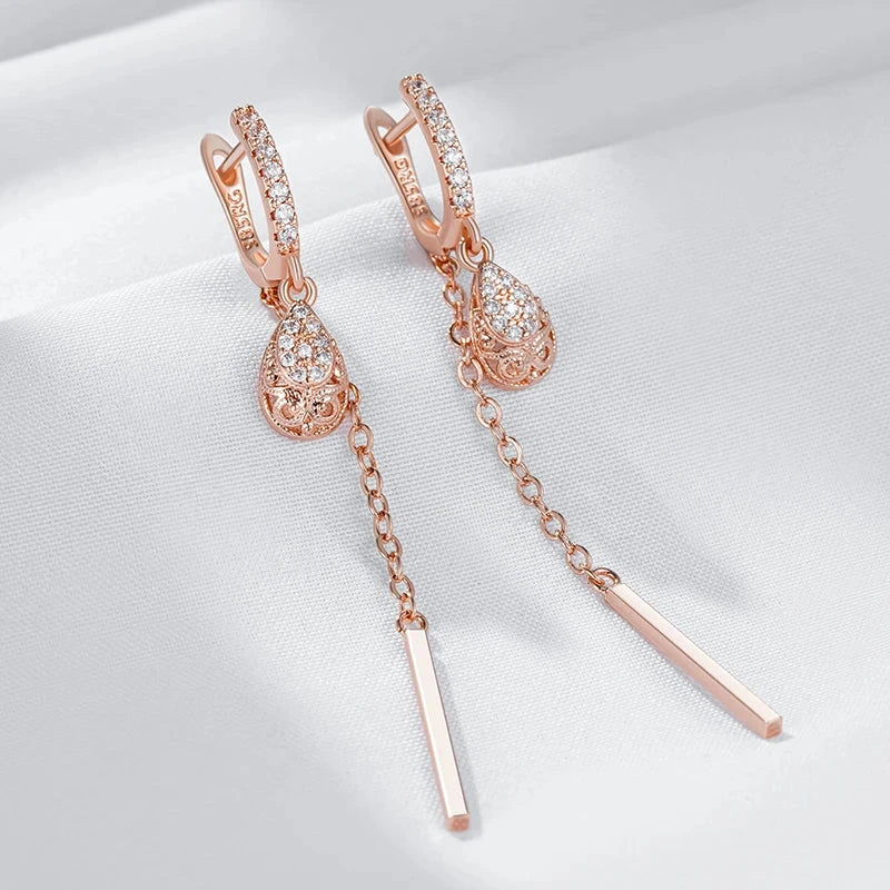 585 Rose Gold Tassel Water Drops Dangle Earrings For Women