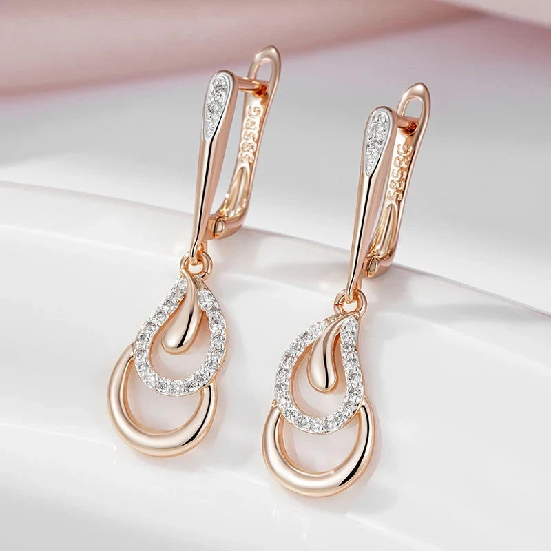 Luxury Long 585 Rose Golden Dangle Earrings For Women