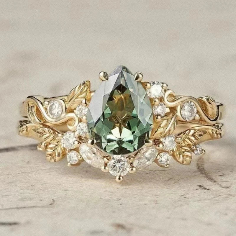 Floral Green Zircon Ring – European & American StylegreenGold-color