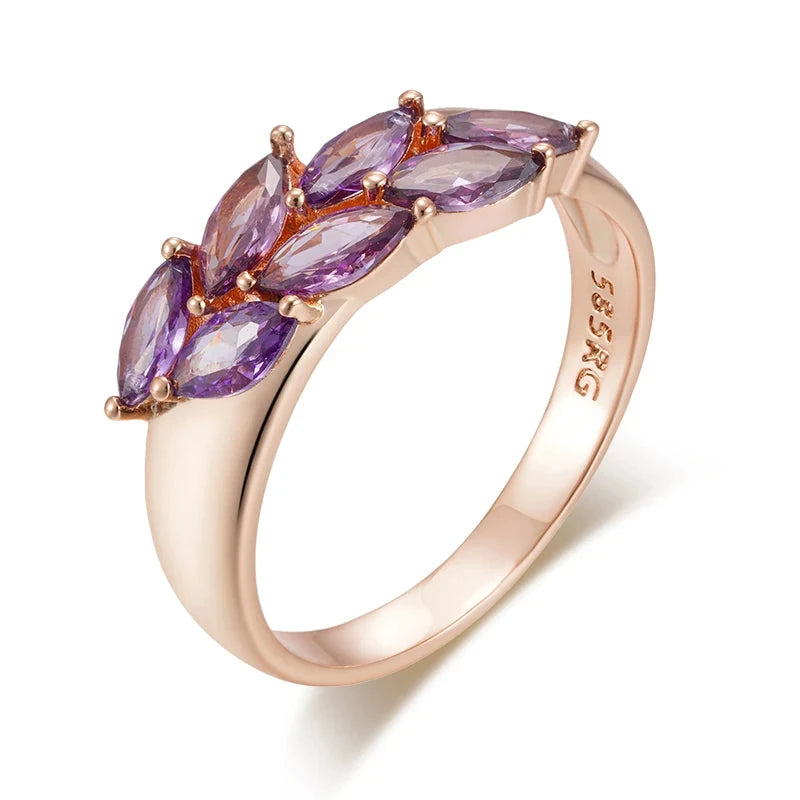 585 Gold Purple Leaf Zircon Ring for WomenPURPLEROSE GOLD COLOR