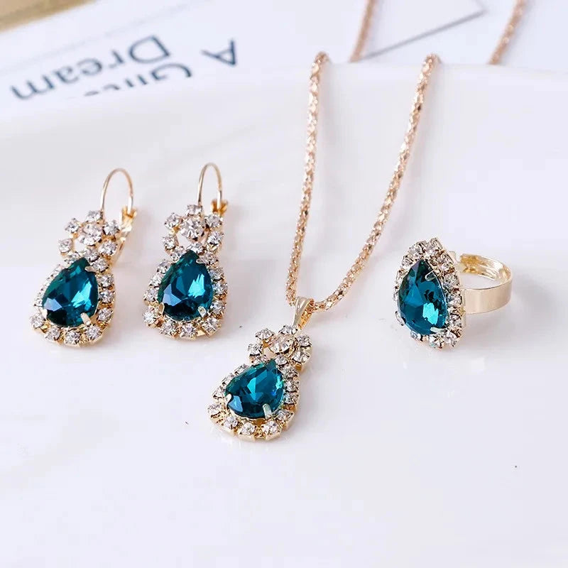 Blue Crystal Ring Necklace Earrings Set Wedding Jewelry SetsLakeBlue
