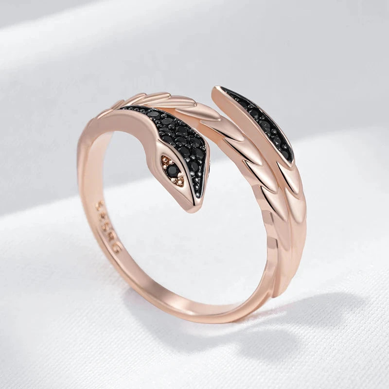 Punk Black Zircon Snake Ring – 585 Rose Gold Vintage Jewelry