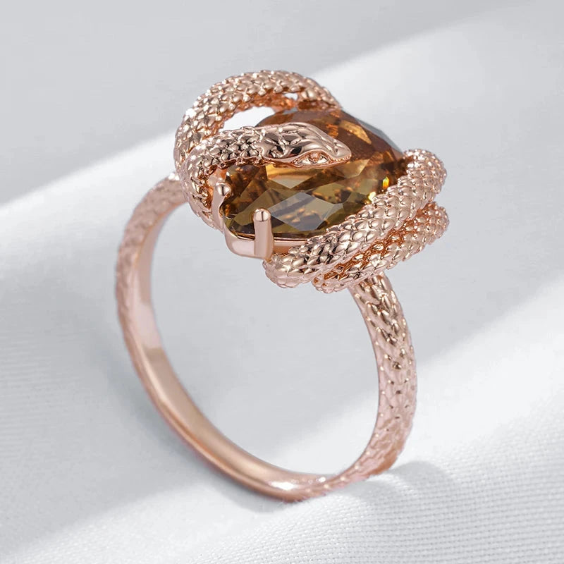 Snake Rose Gold With Brown Natural Zircon Ring for Women