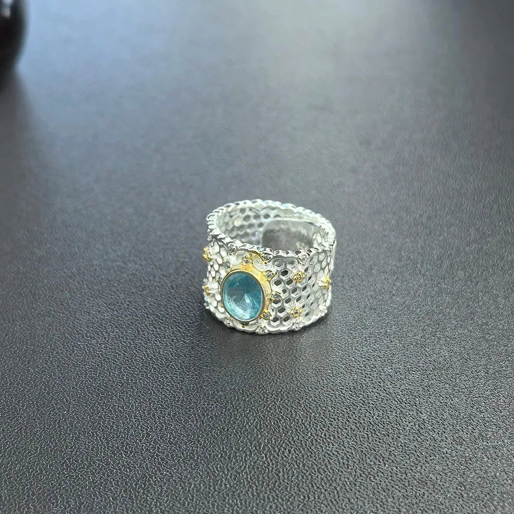 925 Sterling Silver Topaz Ring Lace Hollowing