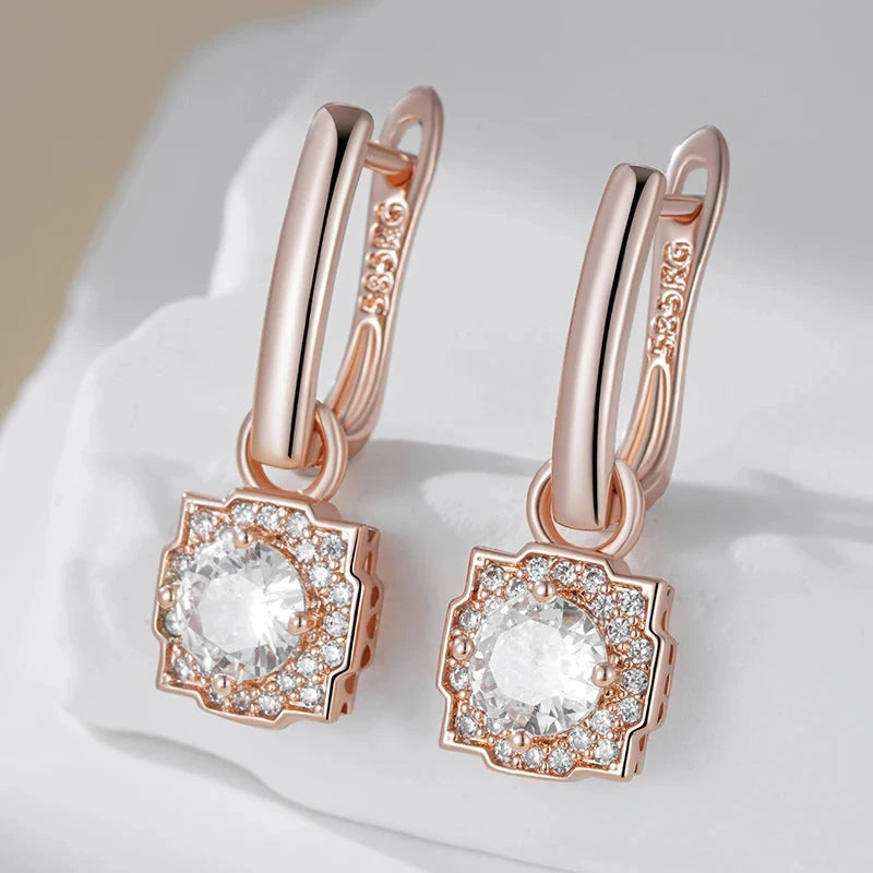 585 Rose Gold Shiny Natural Zircon Dangle Earrings For Women