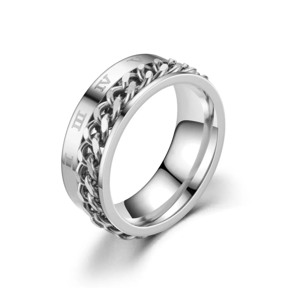 Men's Spinner Ring - Roman Numerals Stainless Steel Fidget Anxiety Ring, 8mm