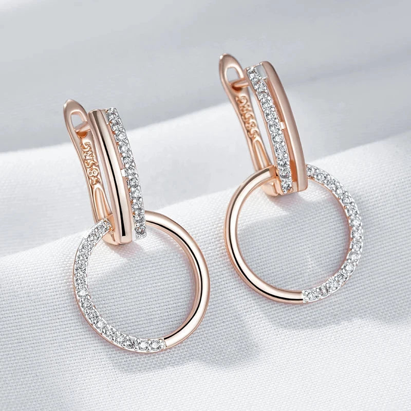 Round Drop Earrings – Rose Gold & Silver with Zircon