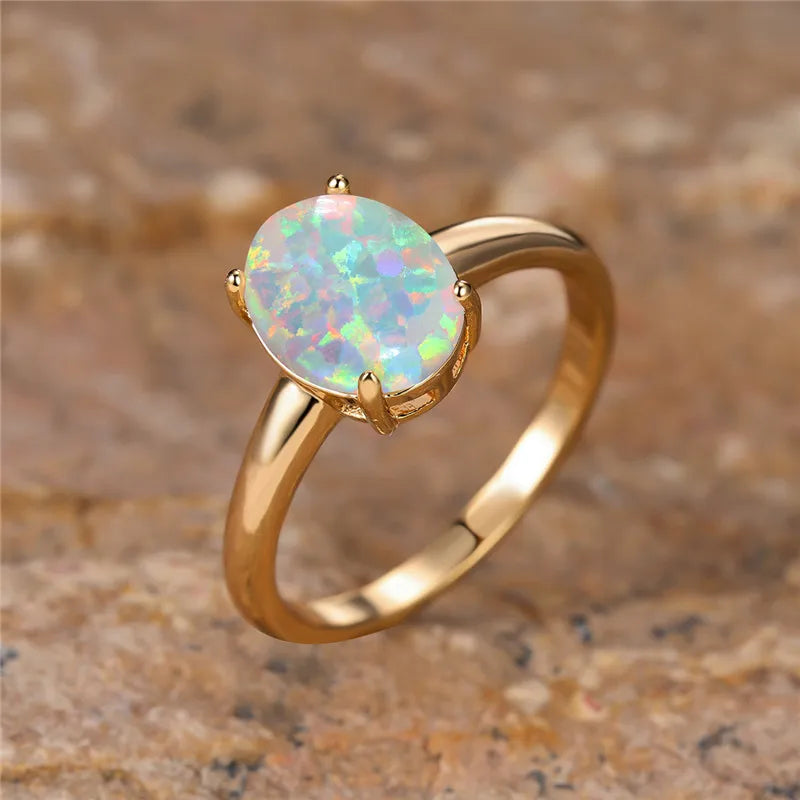 White Fire Opal Stone Engagement Ring Yellow Gold