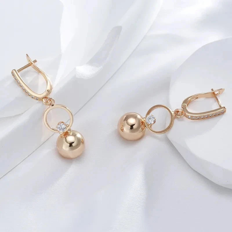 Wbmqda Fashion 585 Rose Gold Color Metal Ball Long Drop Earrings For Women Natural Zircon Setting Wedding Party Fine Jewelry