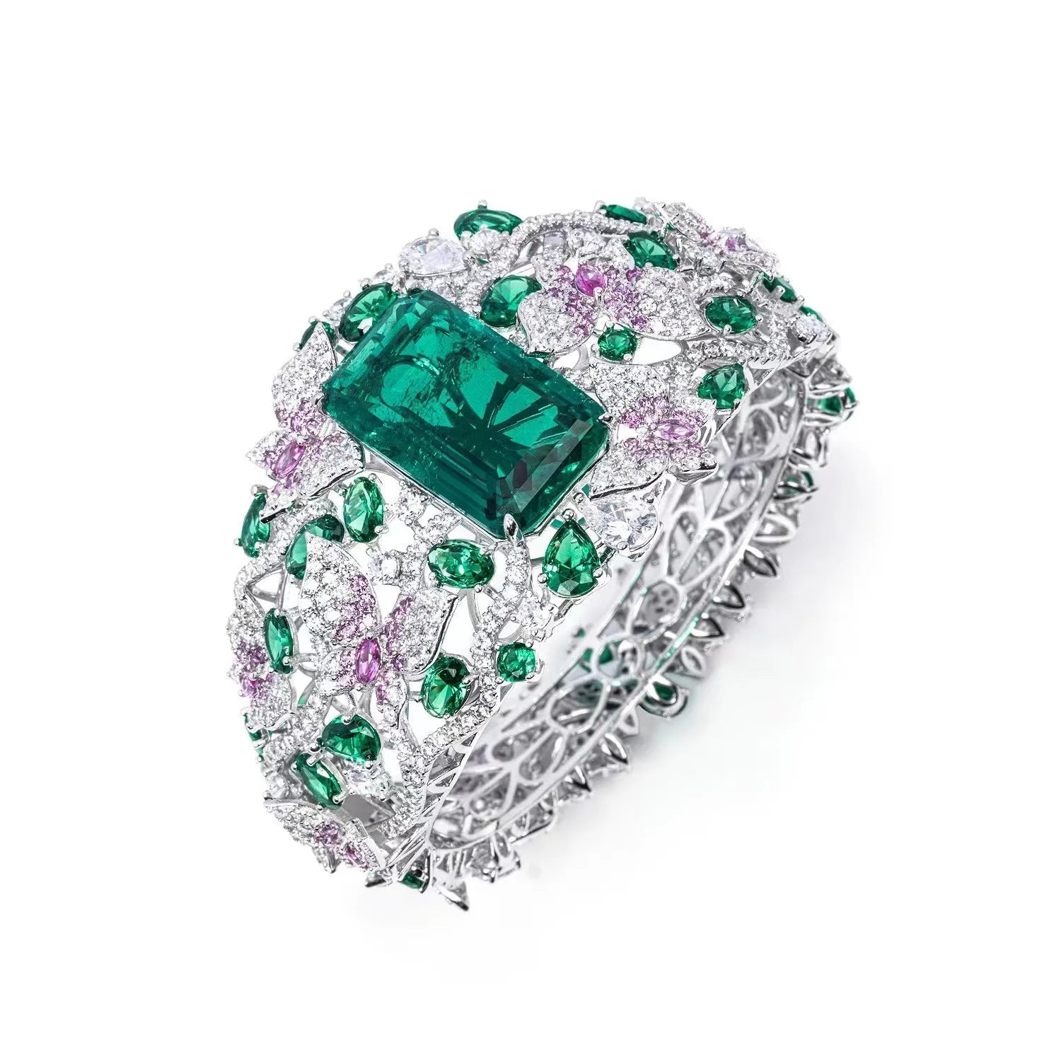 Luxury Elegant Flower Emerald Bangle Real 925 Sterling Silver Bangles