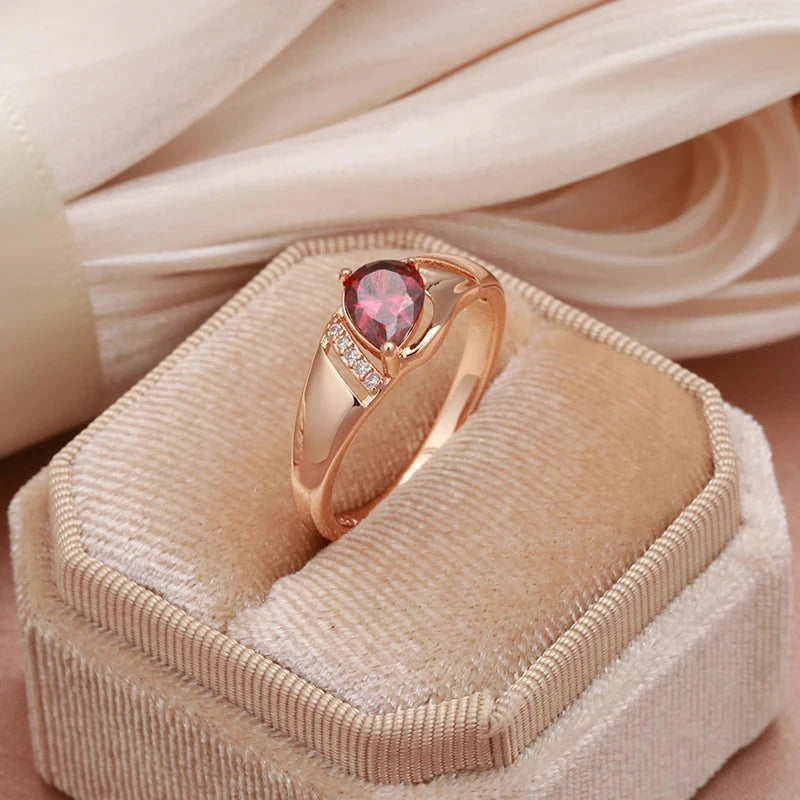 Rose Gold Teardrop Red Natural Zircon Rings For Women