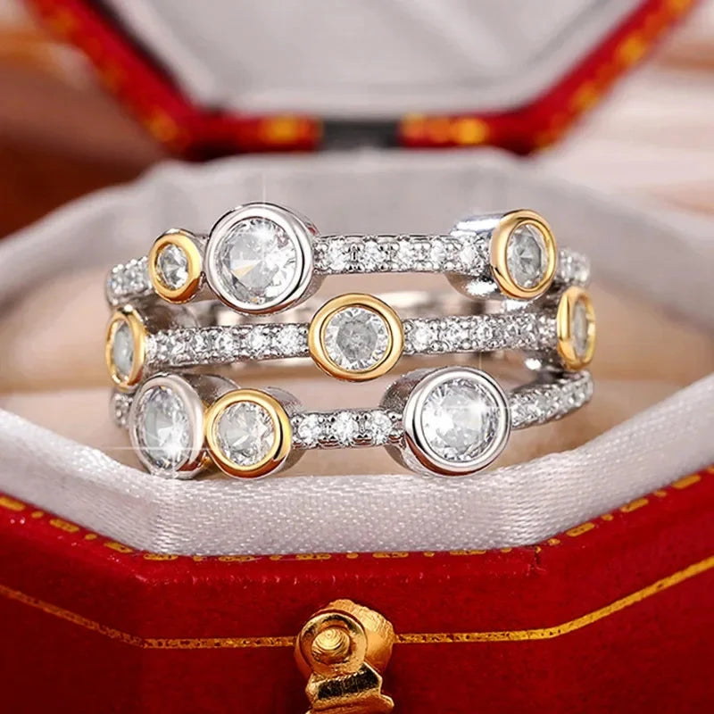 Triple Band Ring Double Color Sparkling Diamond Ring for Women