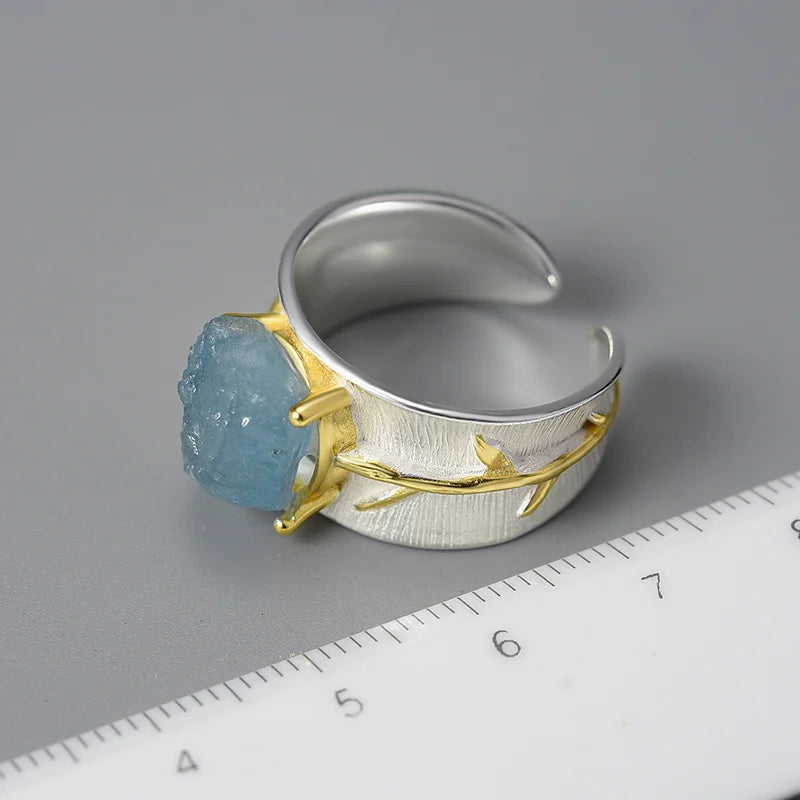 Long Leaves Natural Aquamarine Gemstone Adjustable Rings