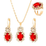 3Pcs Silver Oval Cut Cubic Zirconia Necklace Earrings Rings SetRed